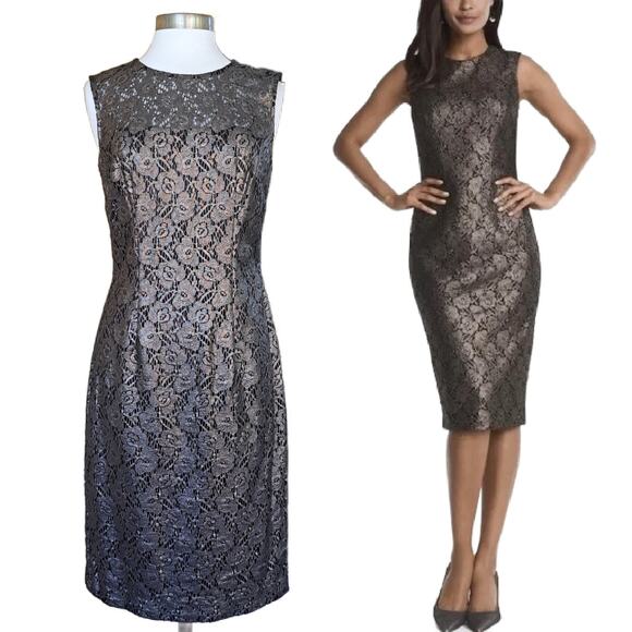 WHITE HOUSE BLACK MARKET Pewter Lace Sheath Cocktail Dress Size 8 Sleeveless - Picture 1 of 12